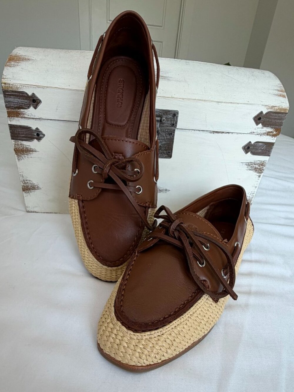 SIMKHAI Raffia Leather Loafers Boat Shoes Danner Sable Brown Size 7 EU 37 NEW